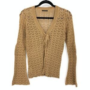 Sisley Crochet Cotton Sweater Womens Size Small Tan Flare Sleeve Lace Up Front